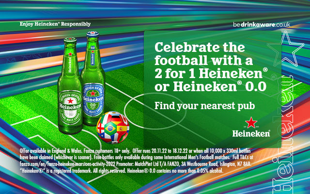 Celebrate the football with a 2 for 1 Heineken® or Heineken® 0.0. Find your nearest participating pub where you can claim it.